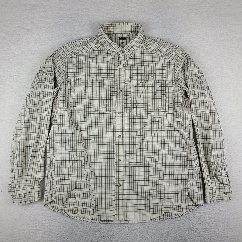 REI Shirt Mens XL Beige Plaid Sahara Tech Outdoor Hiking Vented Button Up